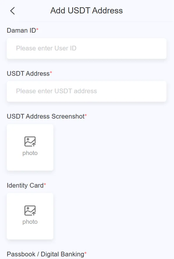 Fill in your USDT address details